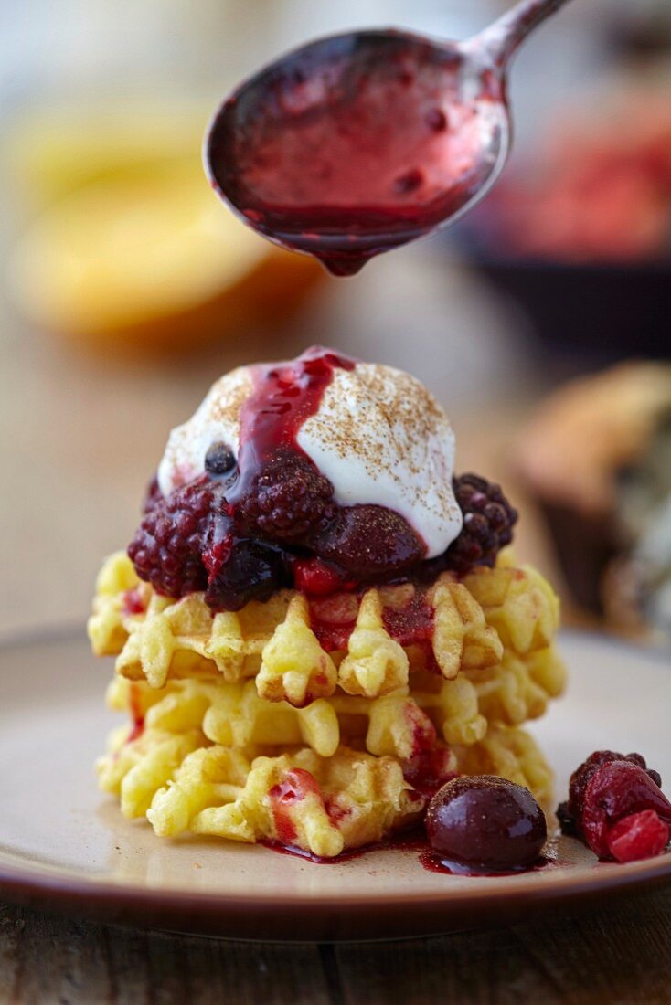 Waffles with berry compote and yoghurt