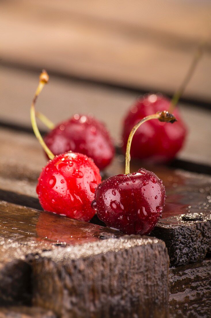 Cherries on a wooden crate