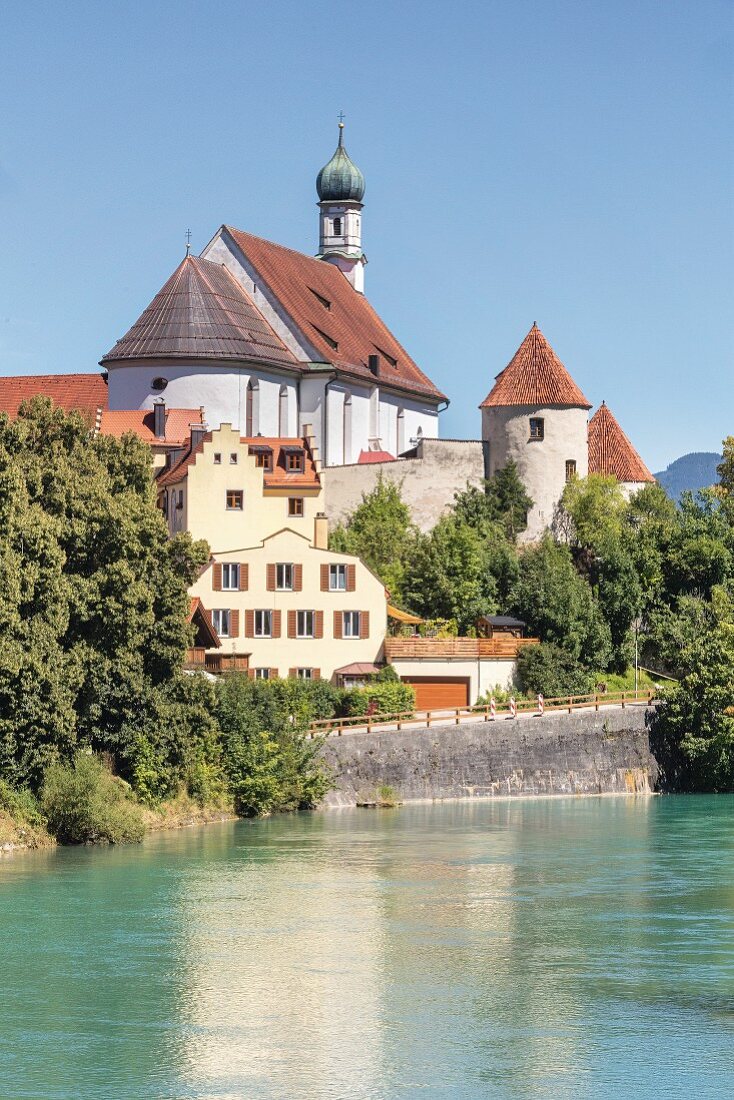 View of the Old Town and the Lech river in Füssen in the Allgäu region of Germany