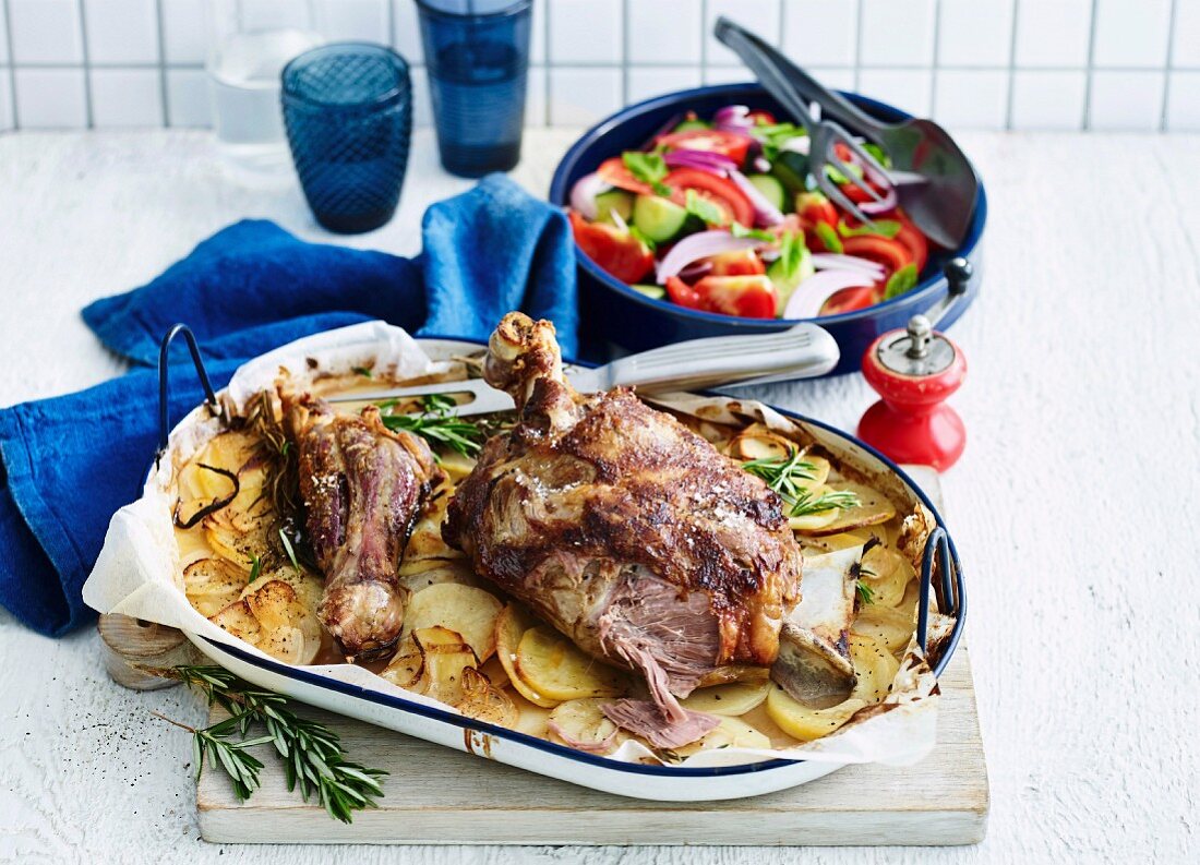 Slow-roasted lamb shoulder with garlicky potatoes