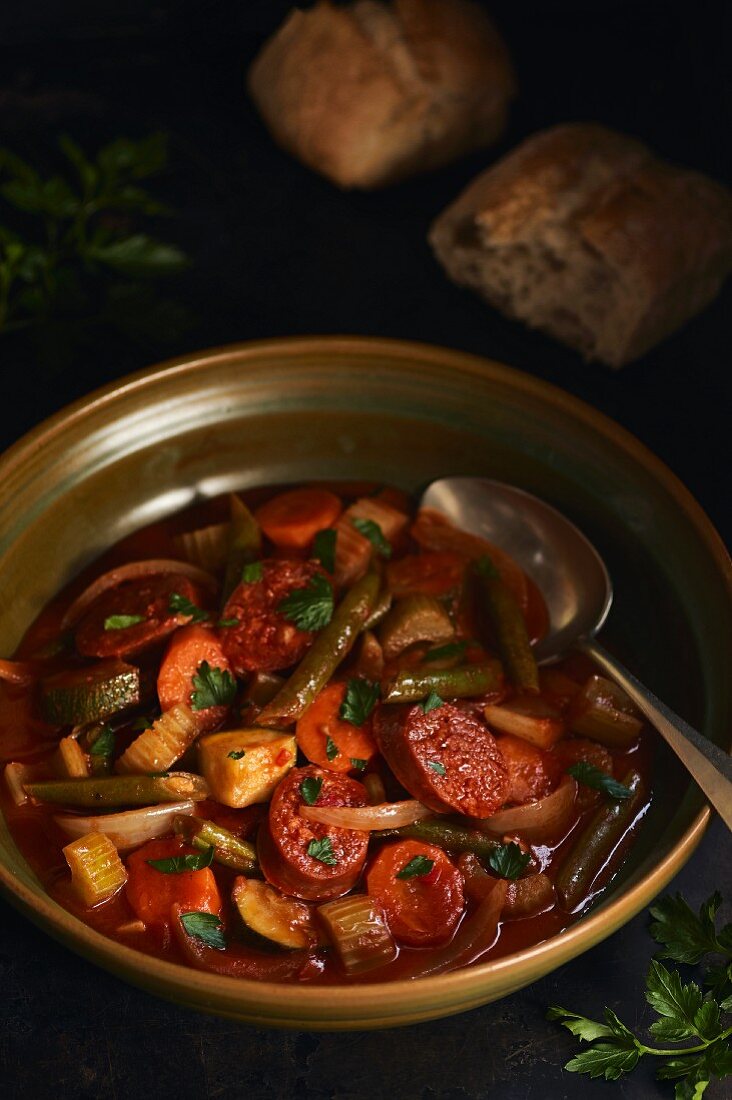 Colourful vegetable stew with chorizo