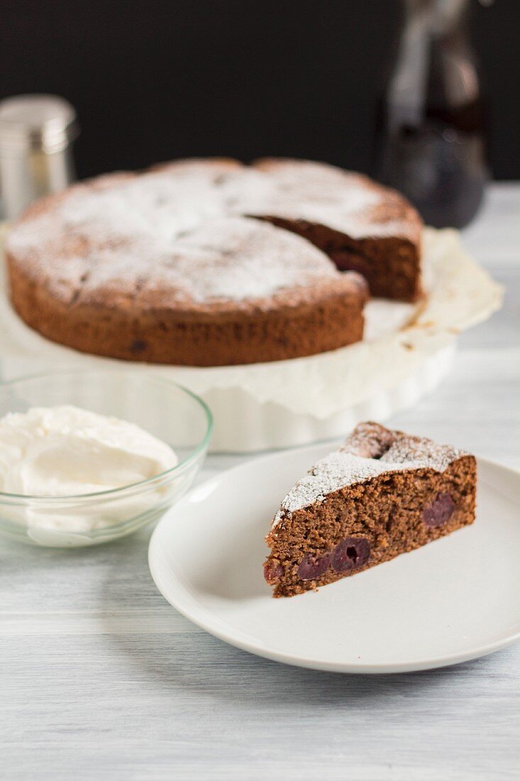 Chocolate and cherry cake with icing sugar, sliced