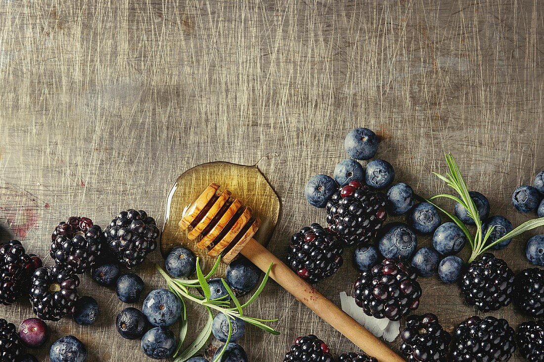 Berries blackberry and blueberry, honey on dipper, rosemary served over gray metal texture background