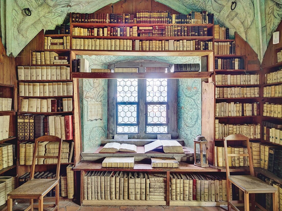 Prädikantenbibliothek (library housing historical letters and books) in Isny, tower room of the Nikolai Church, Baden-Württemberg, Allgäu, Germany