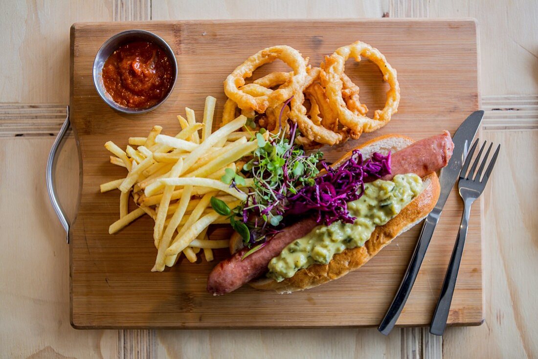 A hot dog with pickles, french fries, onion rings, and ketchup