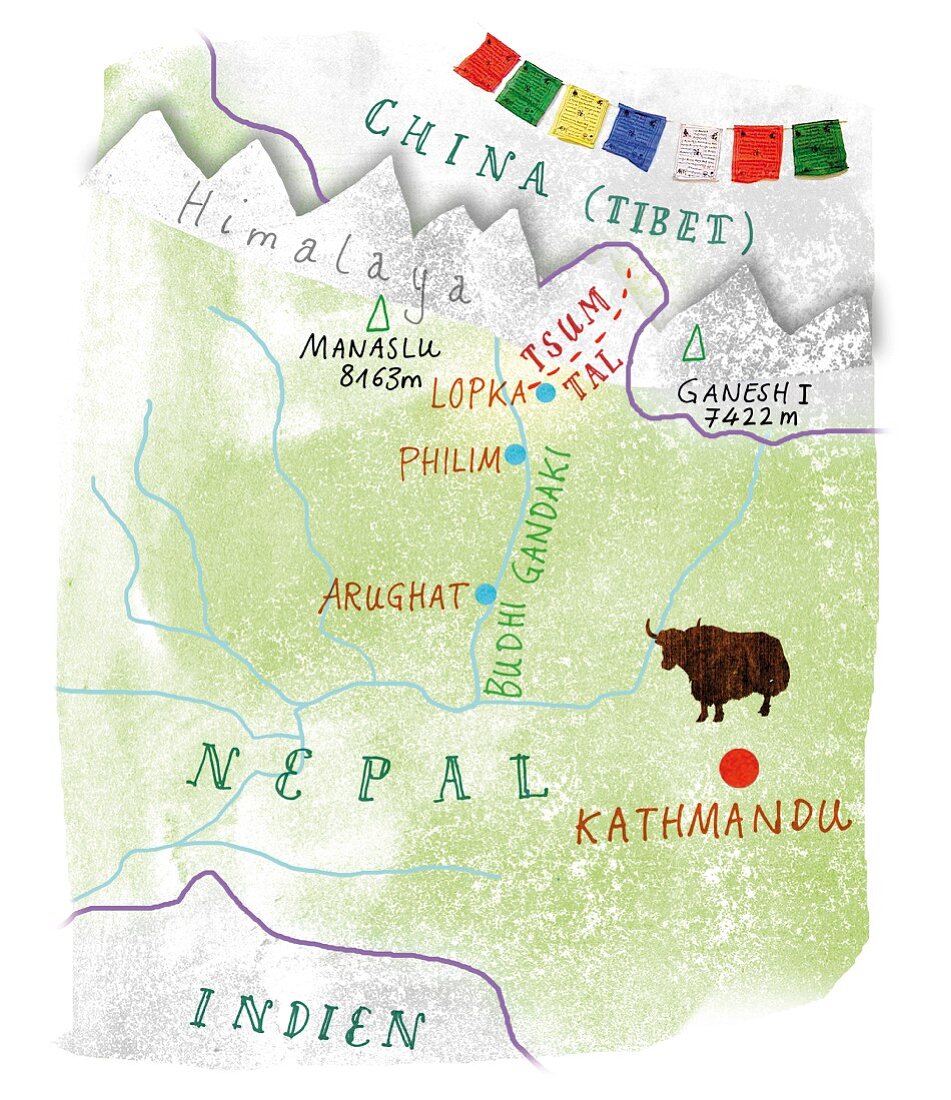 A map of Nepal showing the Tsum Valley, the Himalayas, Tibet, Yak and Kathmandu (illustration)