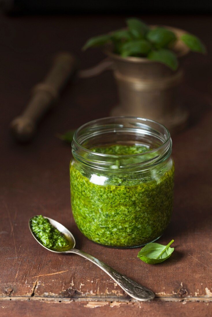 Basil pesto in a glass jar