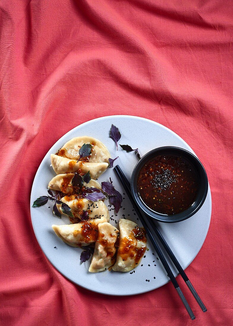 Spicy pork dumplings with a dip (Asia)