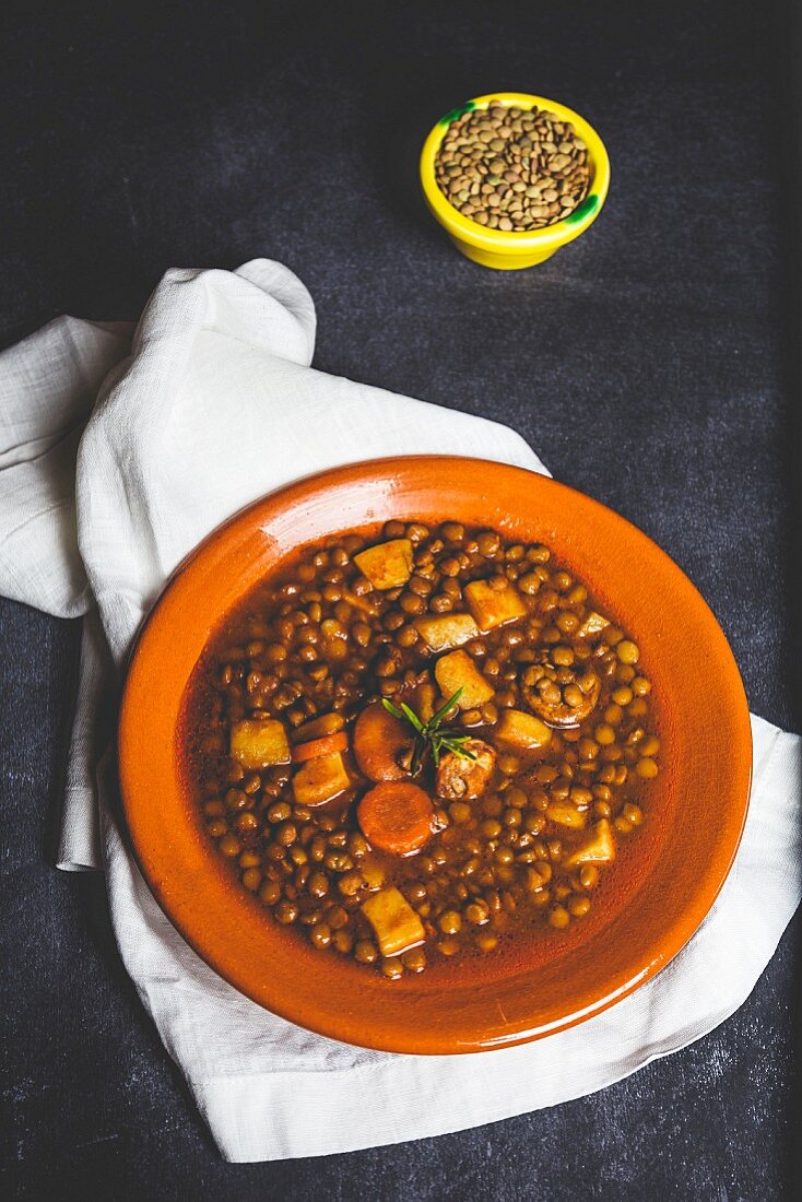 Lentil stew with chili, sausage and pork (Spain)