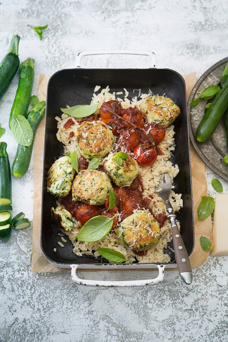 Zucchini and cheese balls with orzo noodles and spicy red wine sauce
