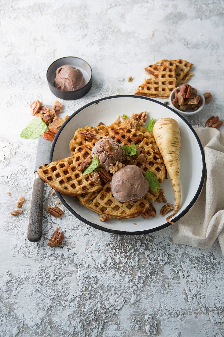 Parsnip buttermilk waffles with orange chocolate ice cream