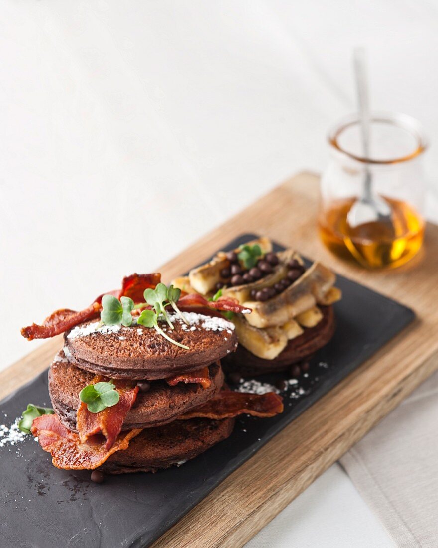 Double Chocolate Flapjacks with Grilled bananas and crispy streaky bacon