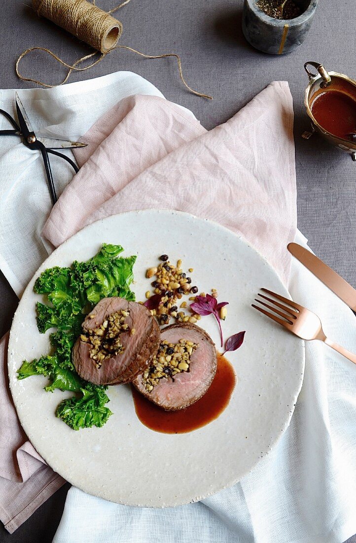 Freekeh-stuffed fillet of beef with red wine jus