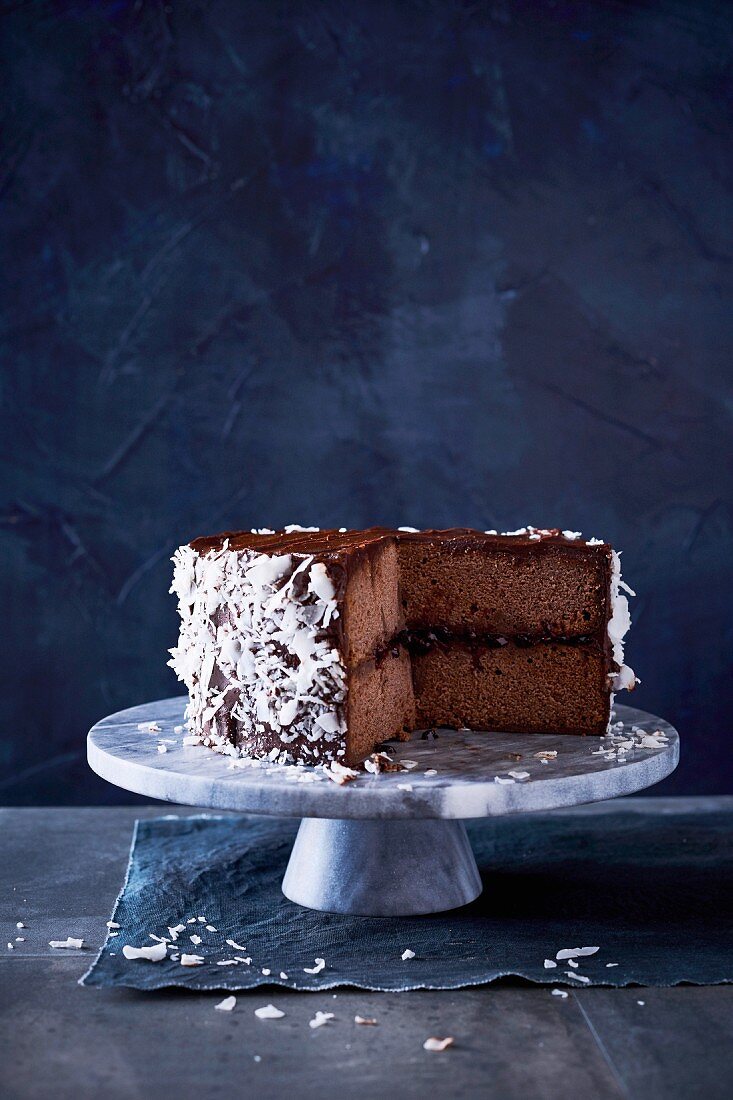 Schokoladen-Lamington-Kuchen mit Kokosraspeln