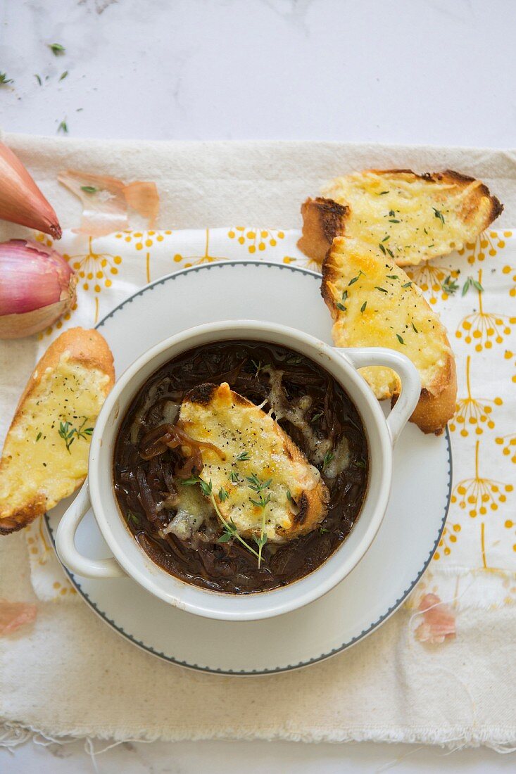 French onion soup with baked cheese croutons