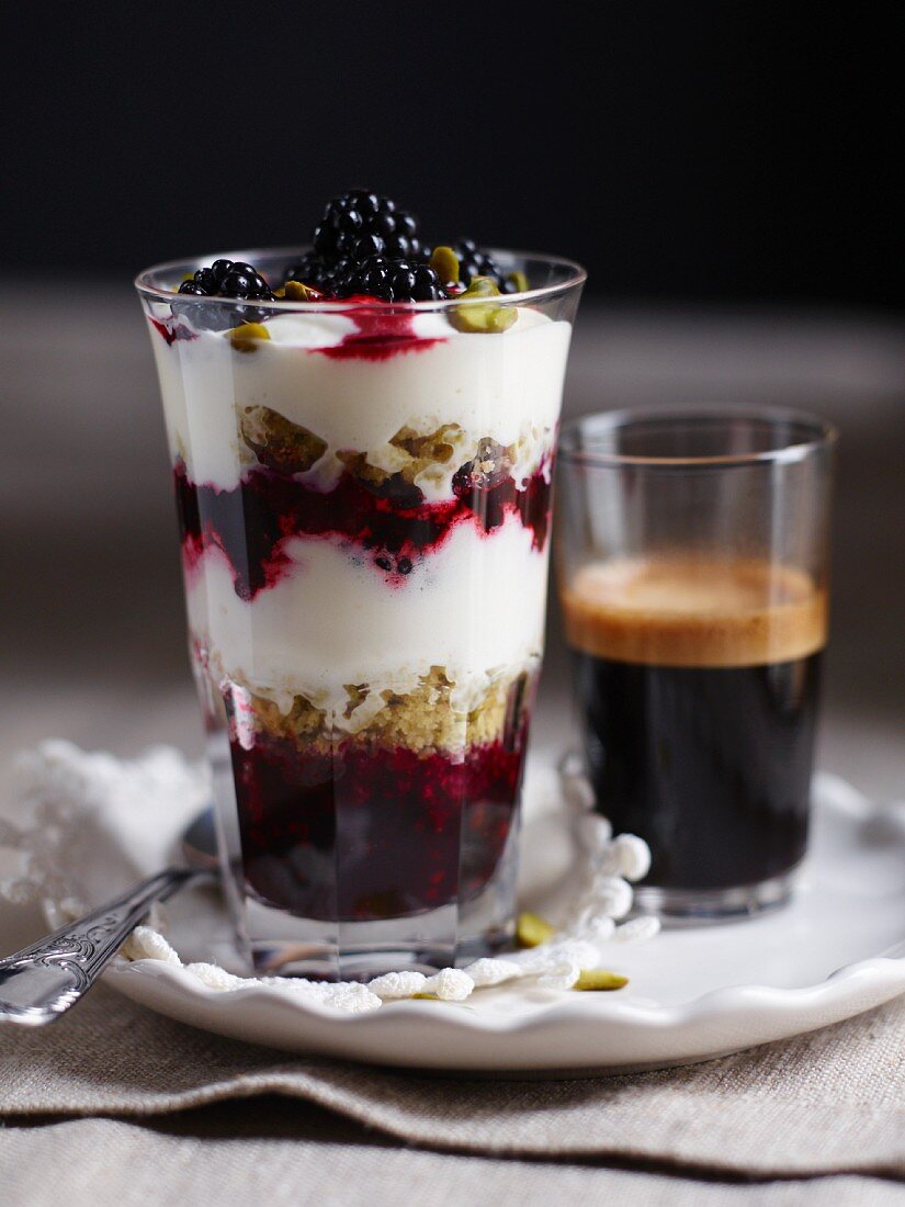 Blackberry pistachio trifle