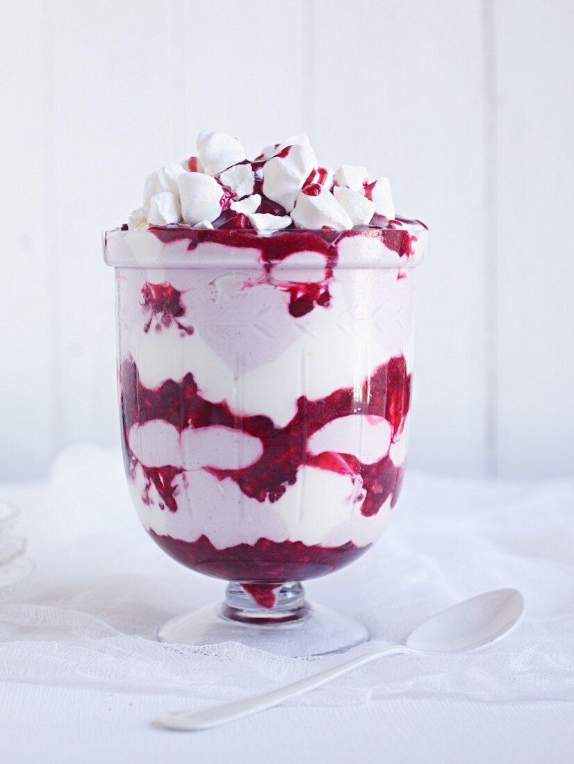 Raspberry and yoghurt trifle with meringue