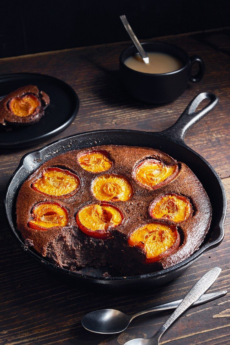 Chocolate and apricot clafoutis in a cast-iron pan