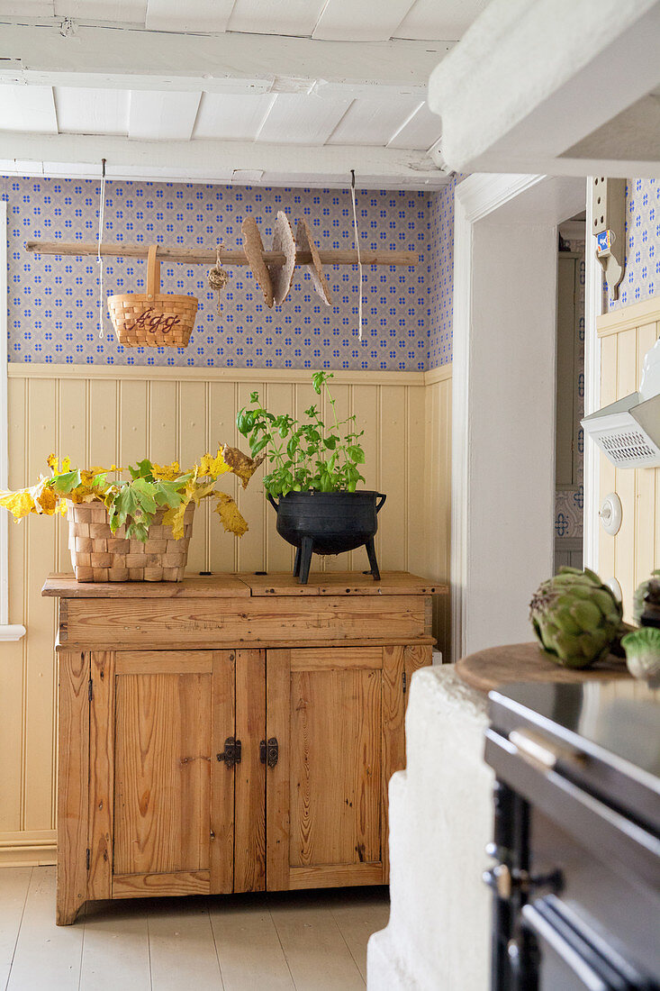 Hanging rack above wooden cabinet in country-house kitchen