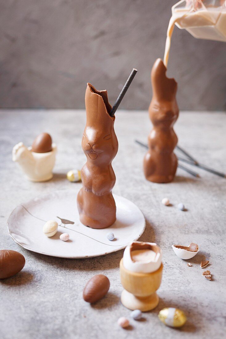 Chocolate Easter bunnies filled with cinnamon milk