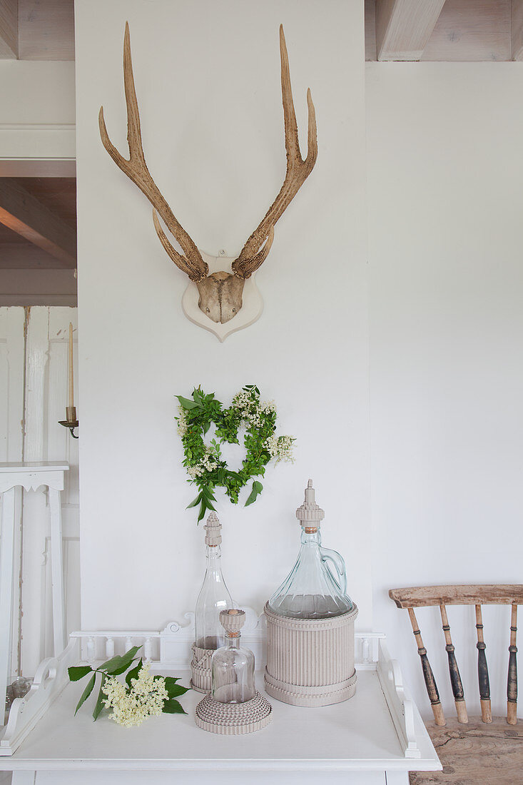 Antlers on wall above bottle with collar made from corrugated cardboard