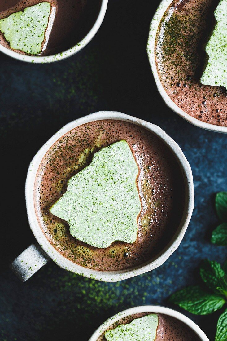 Green Matcha marshmallows on fresh mint hot cocoa