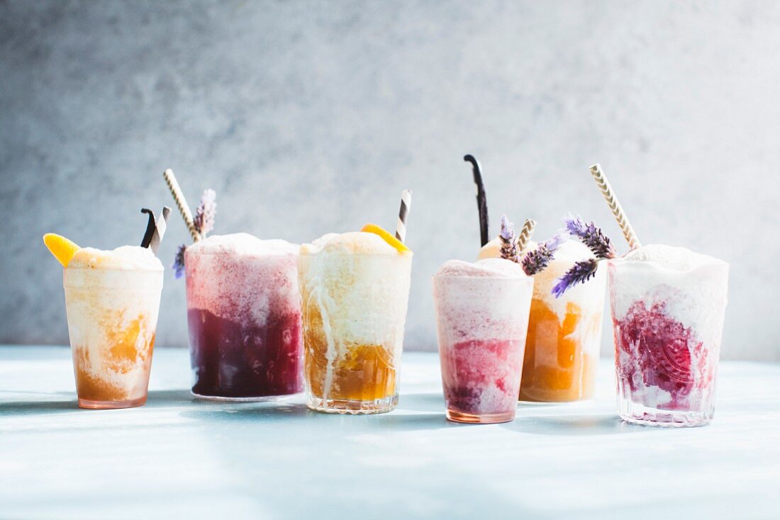 Various ice cream floats in glasses