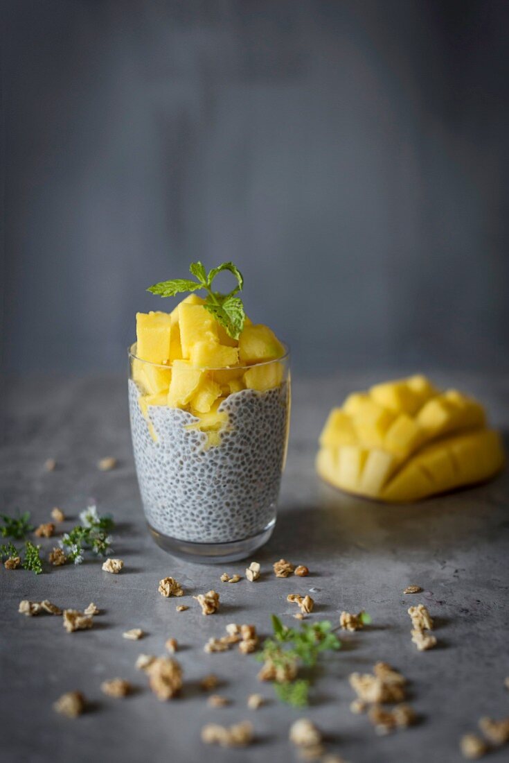 Chiapudding mit Mango im Glas vor grauem Hintergrund
