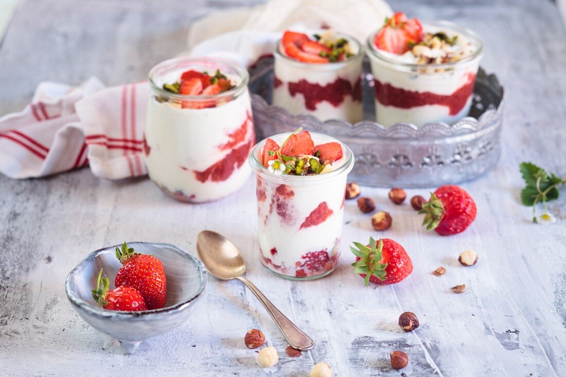 Strawberry, yoghurt, and nut desserts with strawberry and chia seed jam(sugar free)
