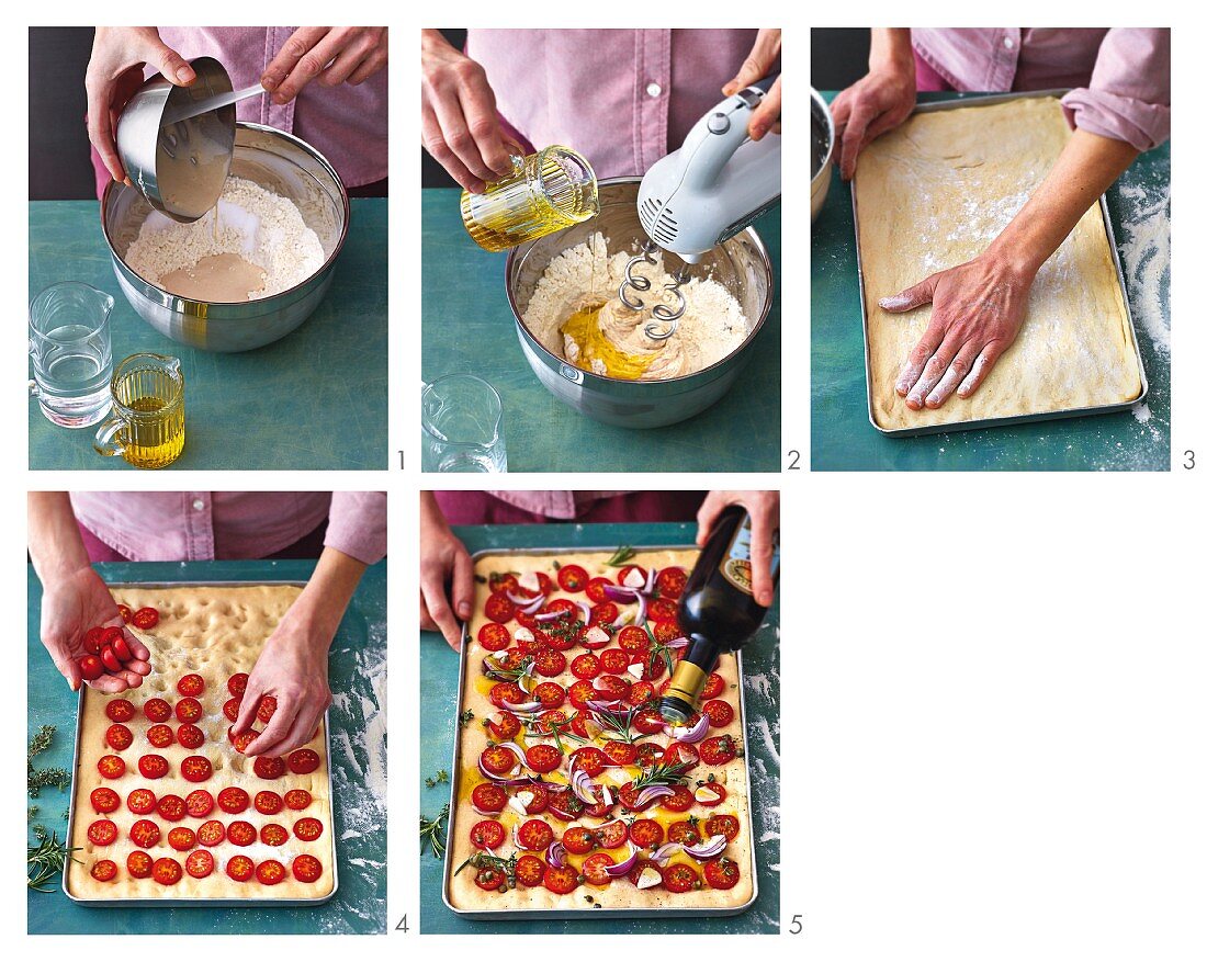 Focaccia with cherry tomatoes and taleggio being made
