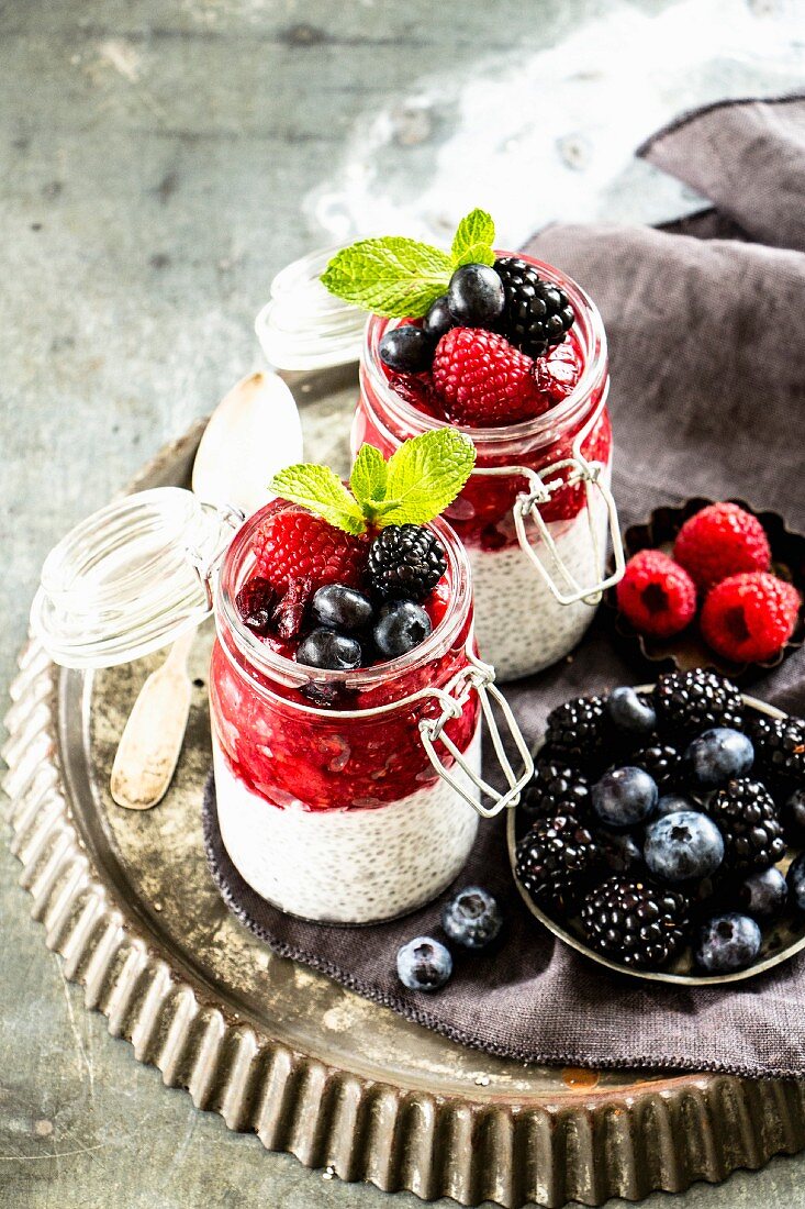 Chia pudding with mint and various berries