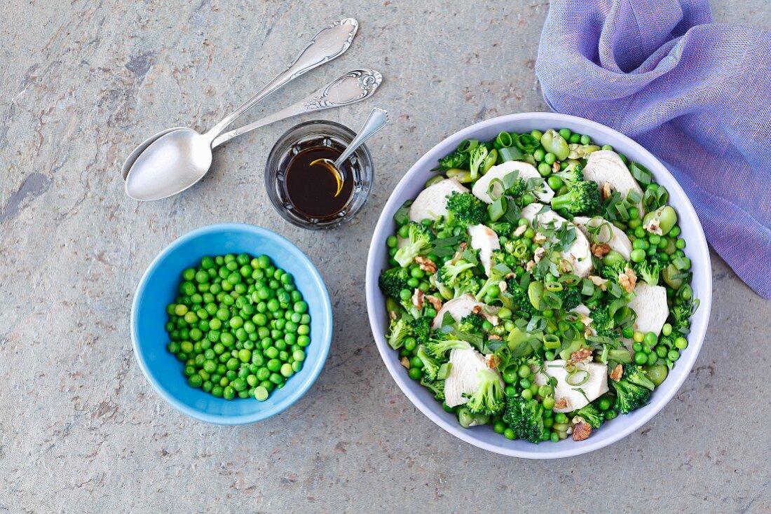 Green veg (broccoli, broadbean, green peas) and chicken salad