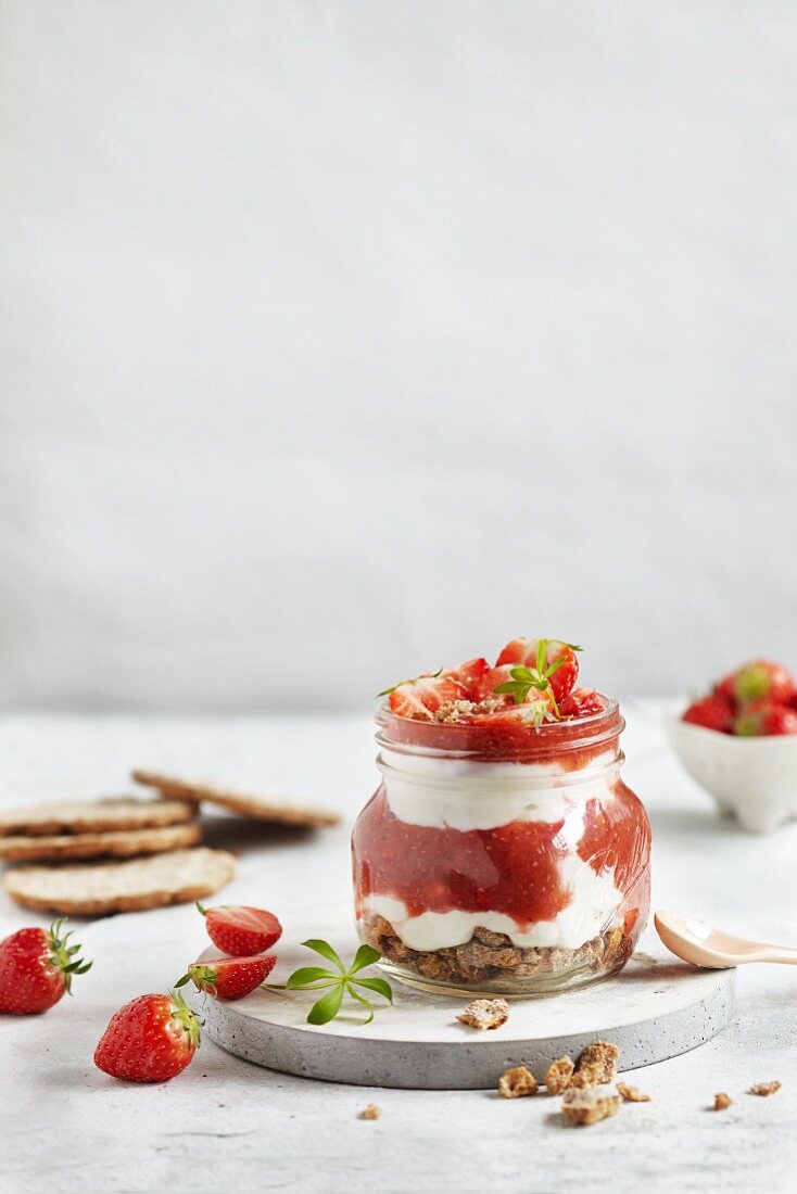 Rhubarb and ginger trifles with strawberries and skyr yoghurt