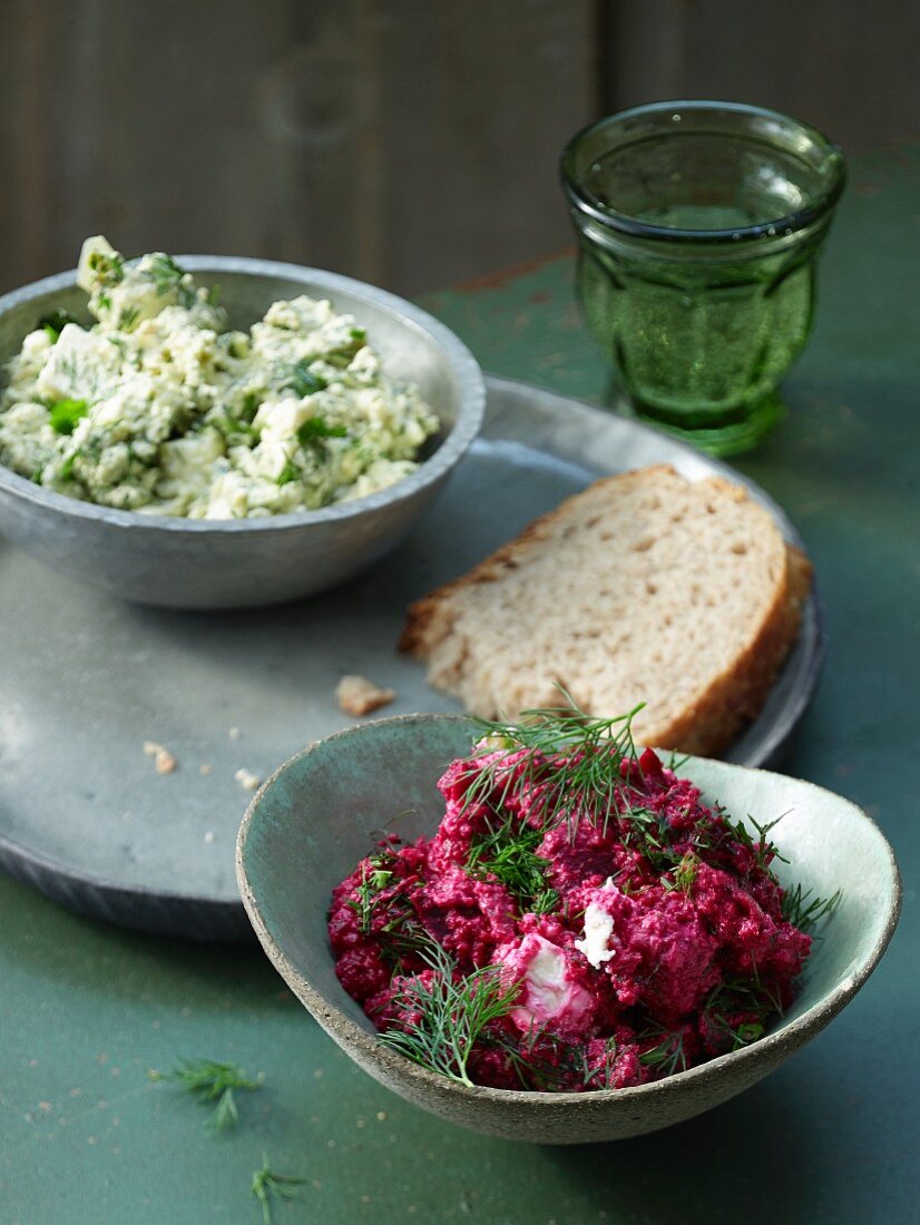 Artichoke and feta spread and beetroot and feta spread