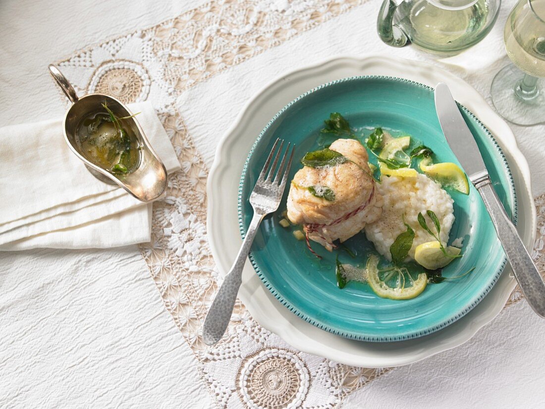 Monkfish in lime and sage butter on risotto