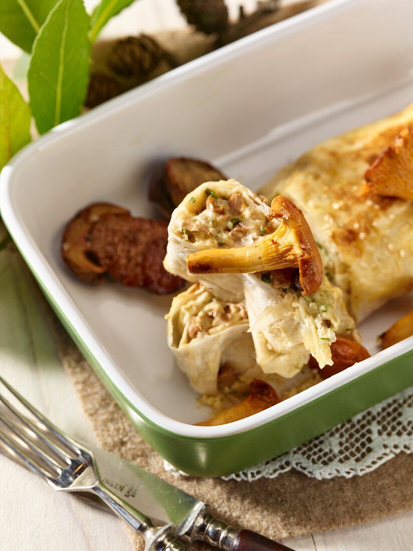 Mushroom strudel in a baking dish