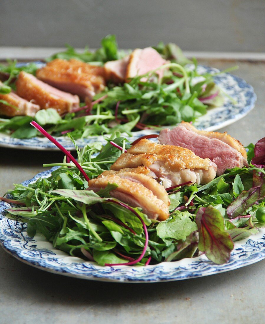 Crispy duck breast with a mixed leaf salad