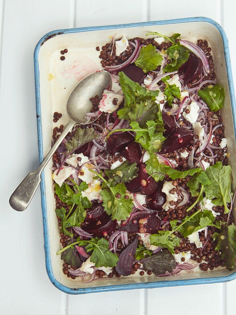 Puy lentil salad with beetroot and soft goat's cheese