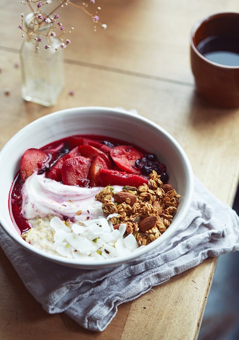 Plum compote with granola and yoghurt