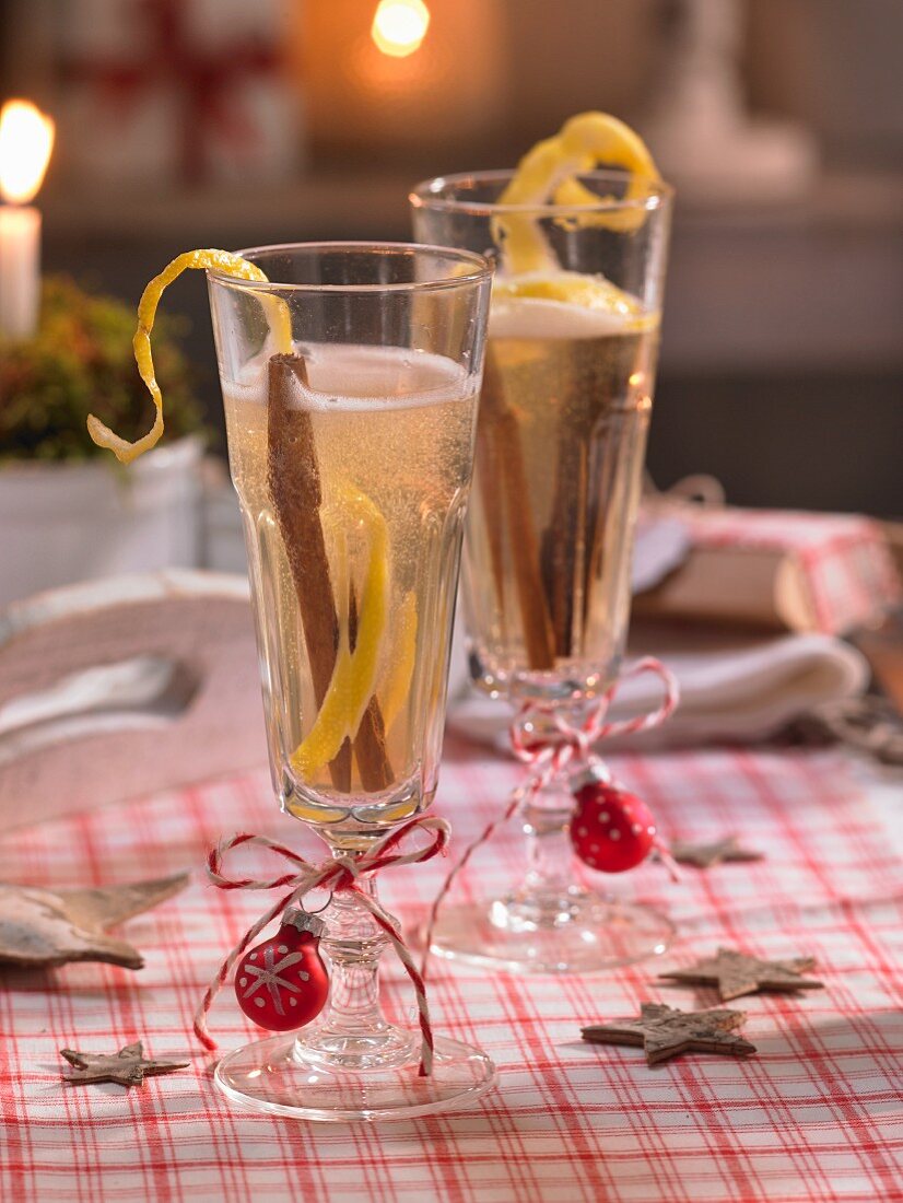 Sparkling wine with quince on a festive Christmas table