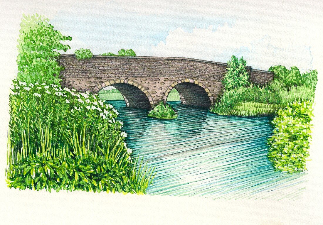 Bridge over the Evenlode river, UK, illustration