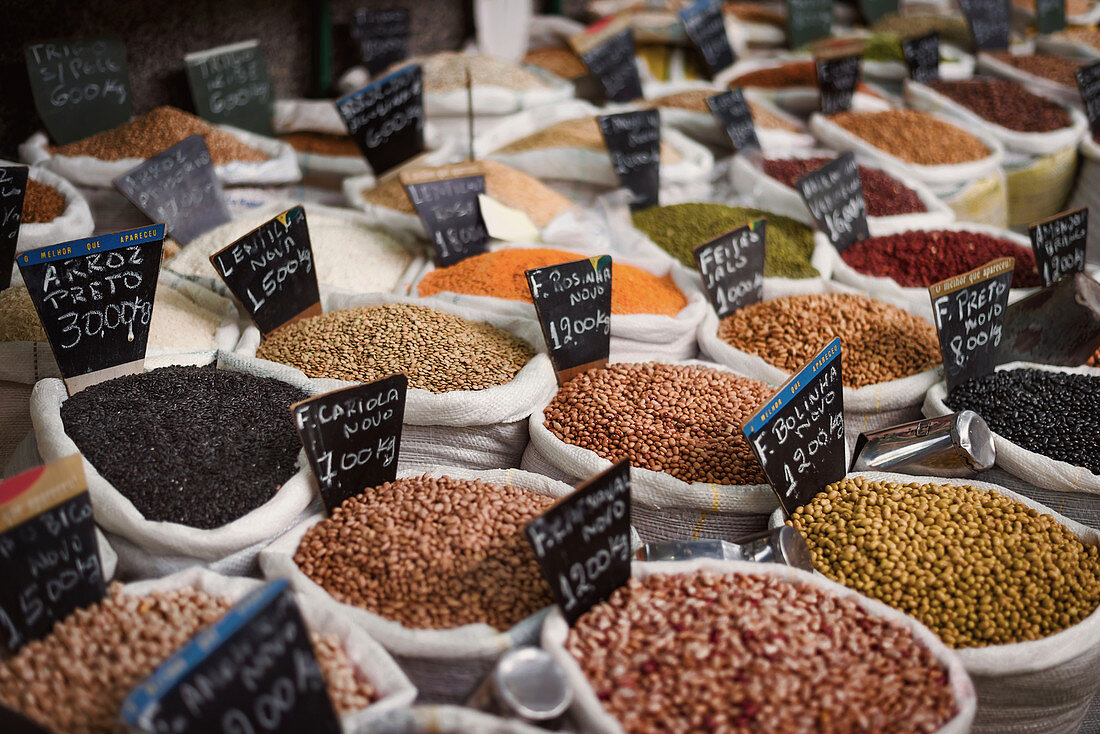 Sacks of beans and grains in market