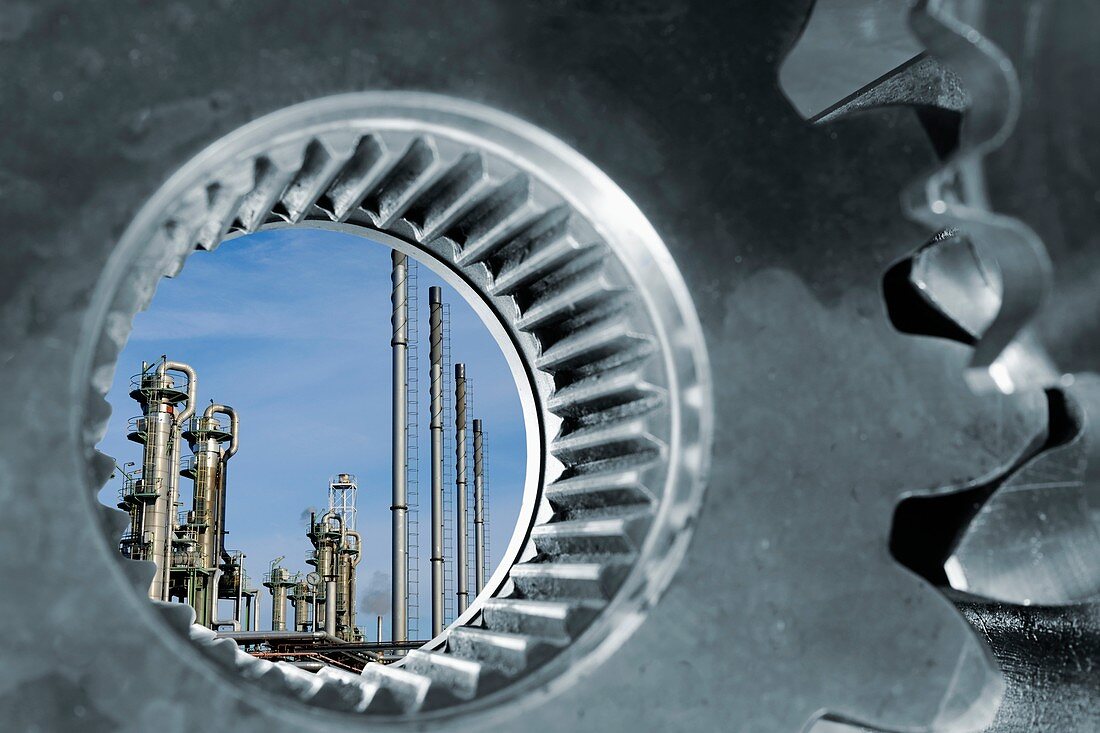 Oil refinery seen through industrial gears