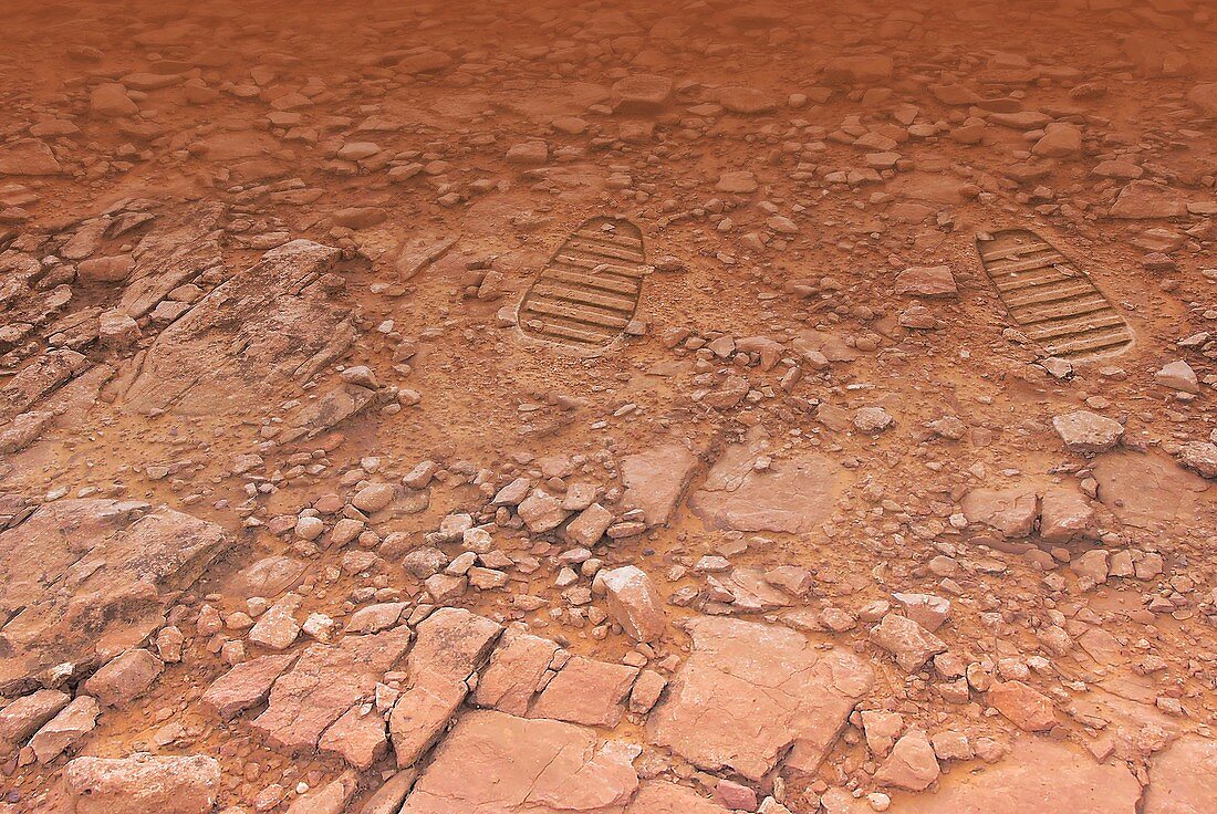 Artwork of footprints on Mars