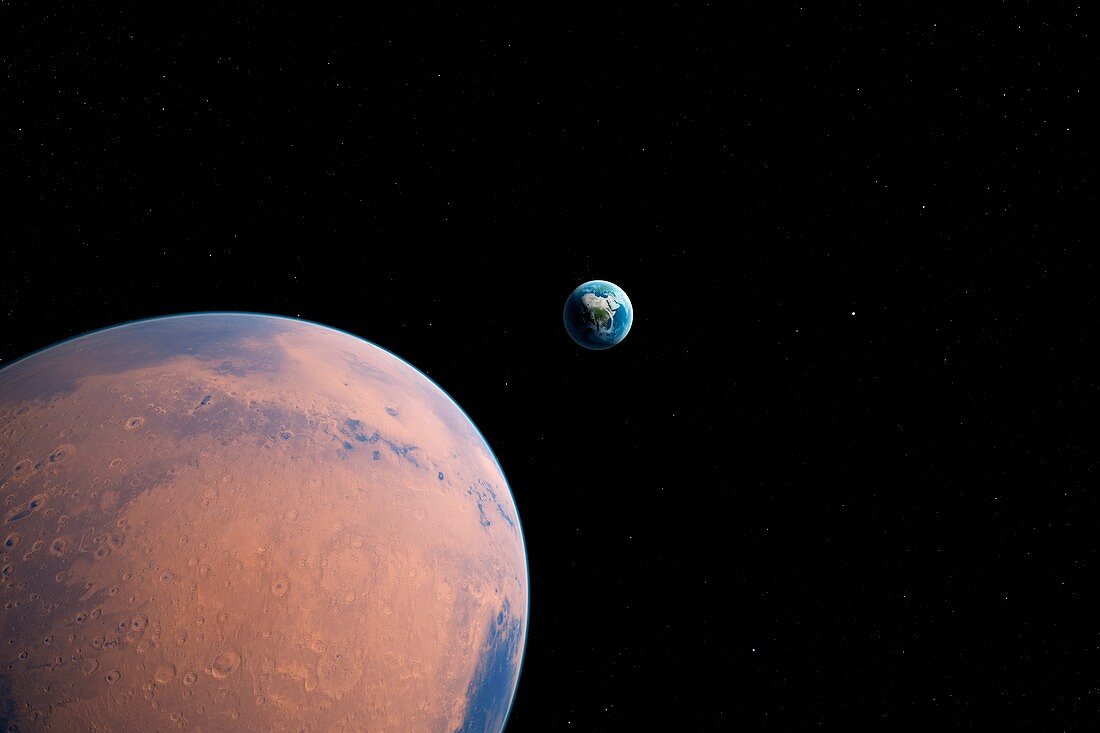 Planet with Earth in distance, illustration