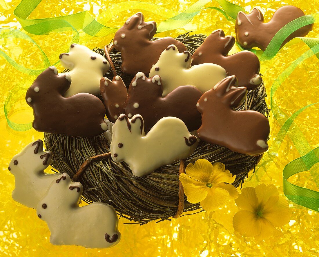 Sweet pastry Easter bunny iced with white & brown chocolate