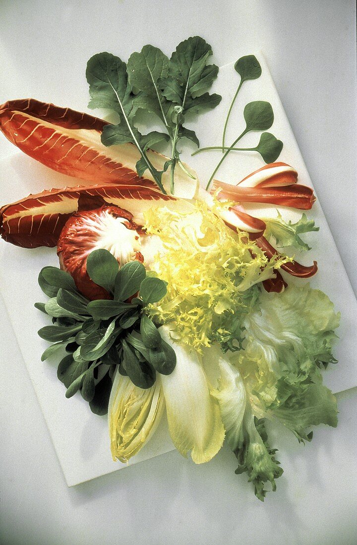 Verschiedene Salatblätter auf Küchenbrettchen
