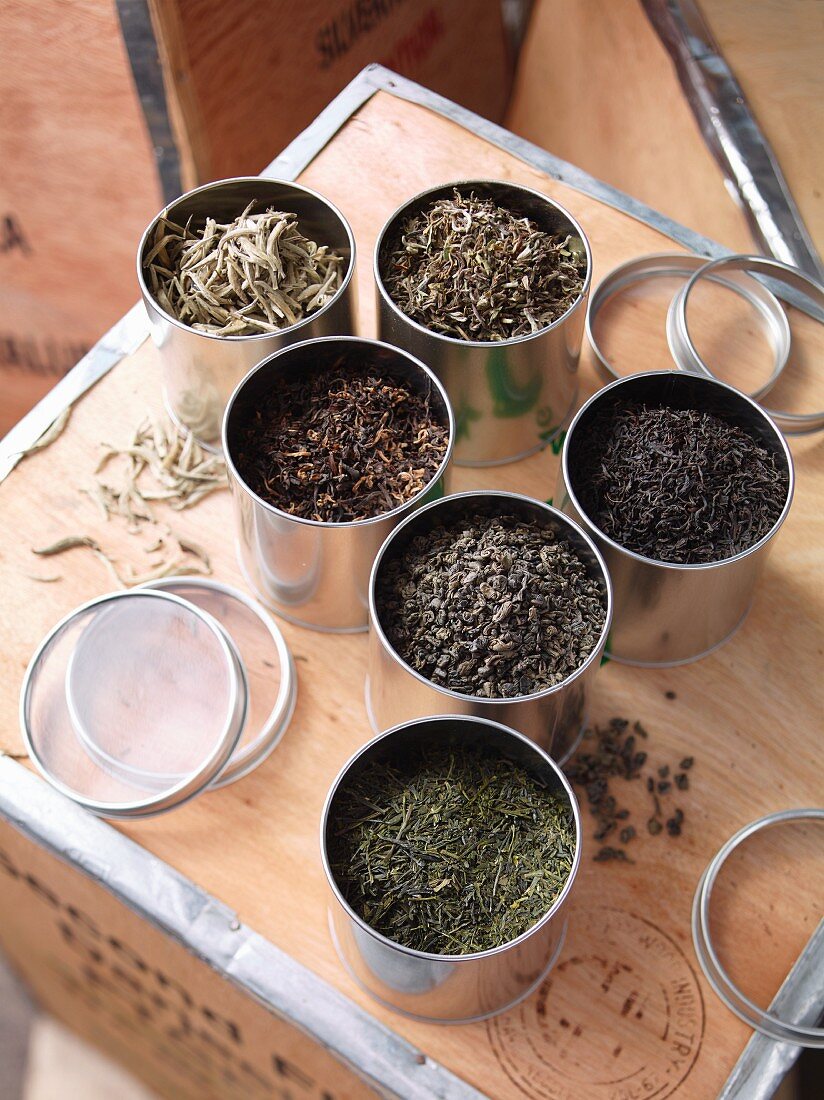 Verschiedene Teesorten in Teedosen