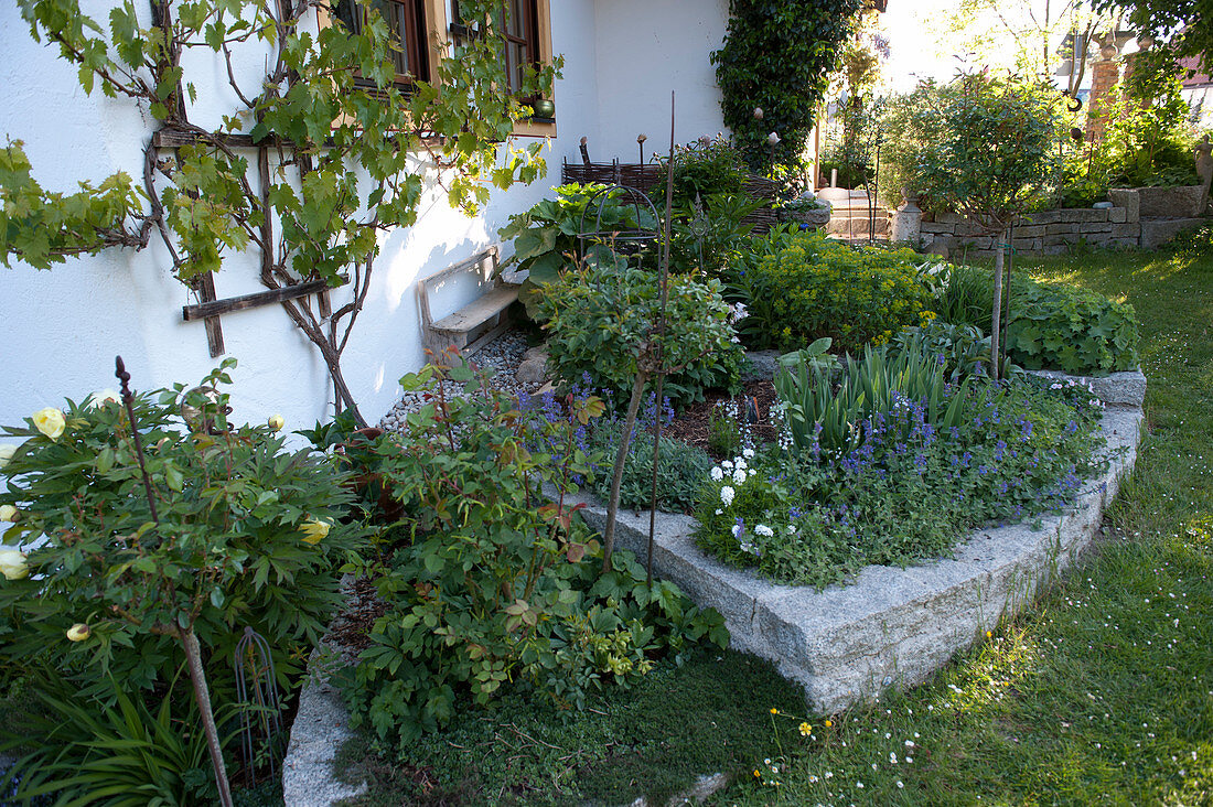 Terraced flower beds with granite walls, planted with roses