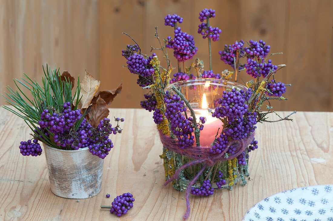 Preserving jar covered with twigs as lantern, Callicarpa